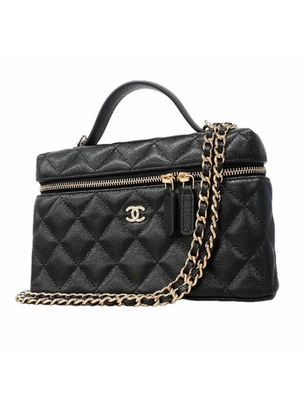 Chanel Vanity Bag Quilted Caviar Leather Black Champagne Gold 2-Way Bag
